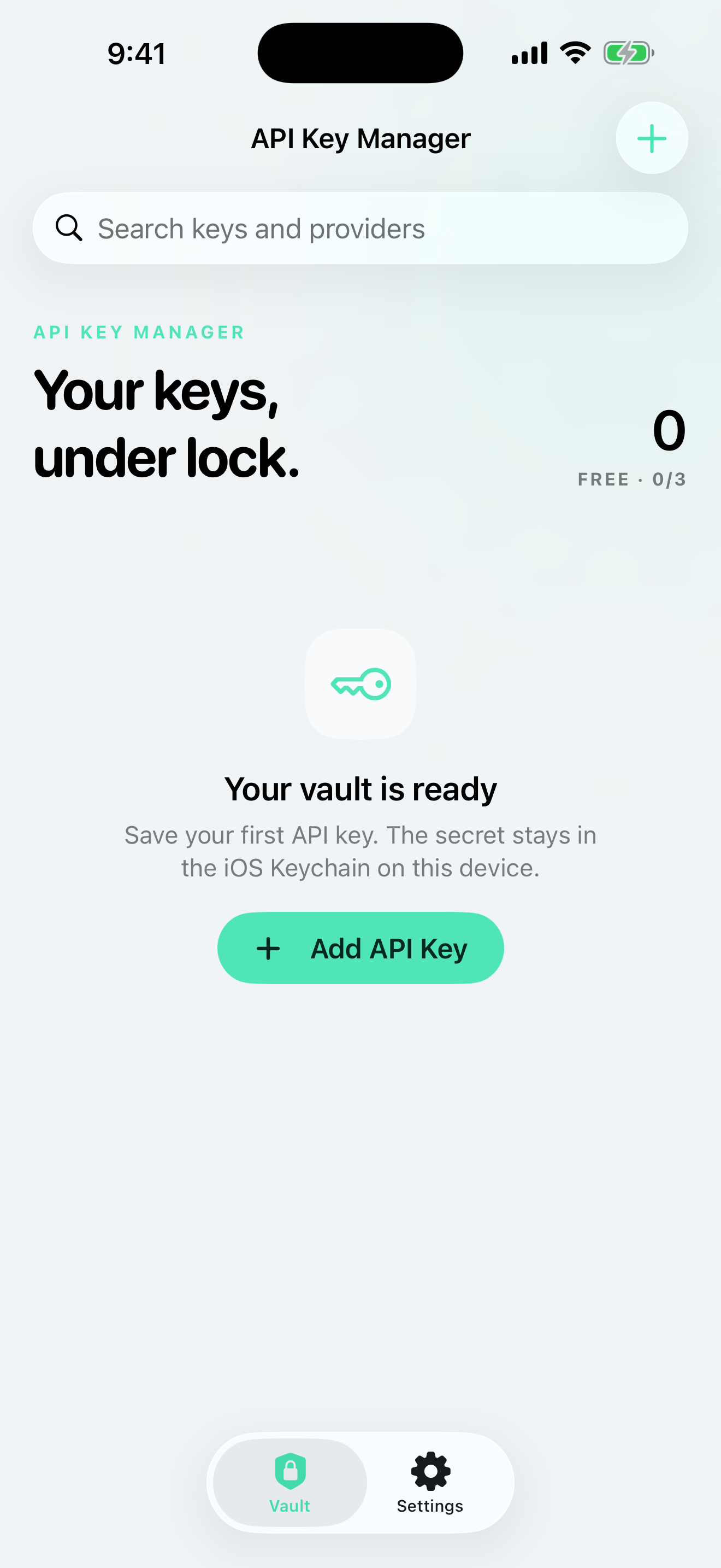 API Key Manager vault screen on iPhone